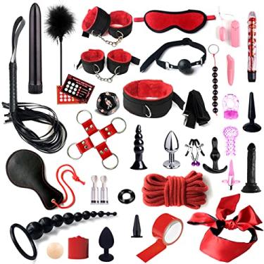 Imagem de Galori Conjunto de brinquedos sexuais 35 pçs tiras de correia plugue anal conjunto de brinquedos sexuais algemas punhos de tornozelo máscara para os olhos vara de pena boca bola grampos de mamilo