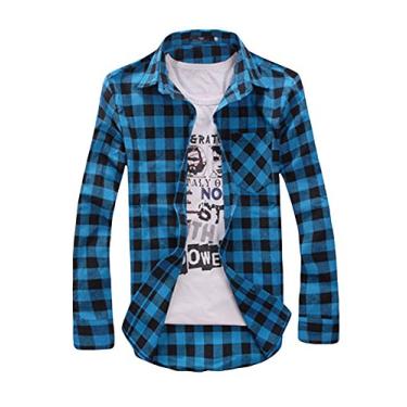 Imagem de Bestgift Camisa xadrez masculina de manga comprida com mistura de algodão, Sky Blue, M