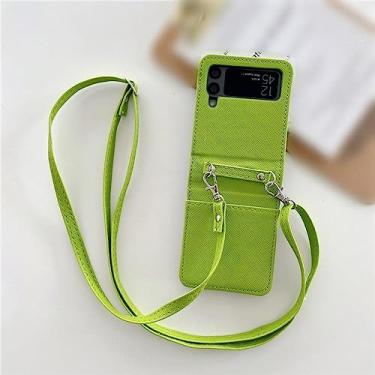 Imagem de Estojo de couro para cartão à prova de choque de néon integrado com cordão para Samsung Galaxy Z Flip 3 Z Flip 4 5G Crossbody Chain Lanyard Cover, verde, para Z Flip 4