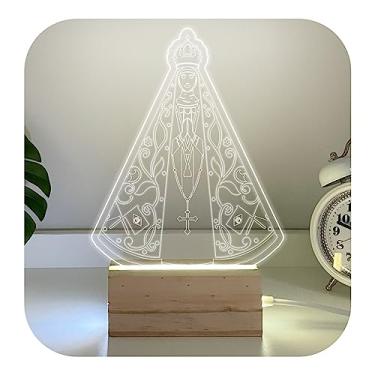 Imagem de Luminária Abajur de Mesa Em Madeira Nossa Senhora Aparecida Led Acrílico Luxo Quarto Decorativo (Branco Frio)
