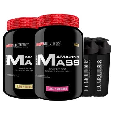 Imagem de KIT 2x HIPERCALÓRICO Hiper Amazing Mass 1,5 kg + 2x Coqueteleiras - Bodybuilders Baunilha e Morango