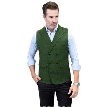 Imagem de Colete masculino de lã de espinha de peixe, mistura de tweed, vintage, retrô, slim fit, para festas de casamento e negócios, Verde, Small