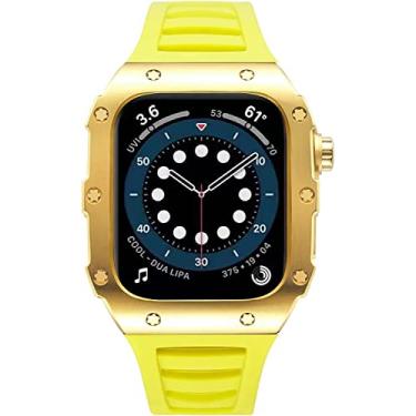 Imagem de MGTCAR Caixa de relógio de aço inoxidável, para Apple Watch Band Series 8 7 6 SE 5, kit de modificação 45mm 44mm caixa de metal pulseira de relógio de borracha tática proteção total para homens (cor: YG, tamanho: 44mm para 6/5/4/SE)
