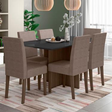 Imagem de Conjunto de Mesa de Jantar Retangular com Tampo de Vidro Preto Helo e 6 Cadeiras Josi Suede Cappuccino
