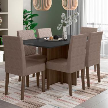Imagem de Conjunto de Mesa de Jantar Retangular com Tampo de Vidro Preto Helo e 6 Cadeiras Jade Suede Cappuccino