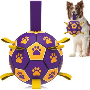 Imagem de QDAN Brinquedos de cordas para cães bola de futebol com alças, brinquedos interativos para cães para cabo de guerra, para filhotes, brinquedo de puxar para cães, brinquedo de água para cães, bolas duráveis para cães médios e grandes - roxo e dourado (20 cm)