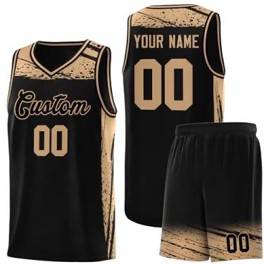 Imagem de Camisa masculina personalizada de basquete juvenil uniforme de treino uniforme impresso personalizado nome do time logotipo número, Preto e cáqui - 25, One Size
