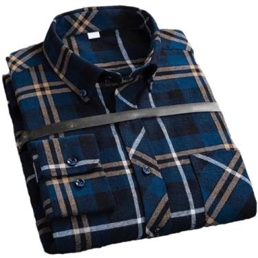Imagem de Camisa social masculina plus size para lazer masculina algodão lixado flanela quente casual manga longa gola xadrez, Algodão 9917, P