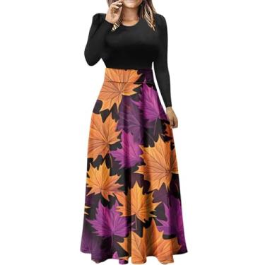 Imagem de Vestido feminino de manga longa solto com estampa de patchwork, vestidos maxi longos casuais 2023 roupas de outono plus vestidos com, Roxa, G