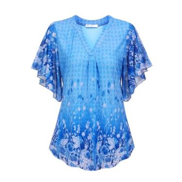 Imagem de HOTOUCH Blusas femininas de manga curta com babados e gola V, camisas de malha floral, soltas e elásticas, soltas, Floral azul, 3G