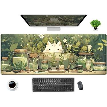 Imagem de Tapete de mesa fofo Kawaii gato branco anime folhas verdes tapete de mouse pad grande tapete de mesa para jogos, XL estendido mousepad acessórios de mesa para mulheres, decoração de escritório,