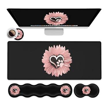 Imagem de Suporte de descanso de pulso para teclado de espuma de memória + mouse pad grande para jogos + conjunto de suporte de pulso ergonômico para mouse, almofada de mesa estendida com bordas costuradas 80 x 11 cm, pata de cachorro fofa, tapete de mesa preto com flores rosa