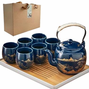 Imagem de Conjunto de 6 chás japoneses de porcelana azul de 1,134 g e 6 xícaras, utensílios de chá dourados pintados à mão com infusor e bandeja de aço inoxidável, presente de estilo tradicional para amantes de