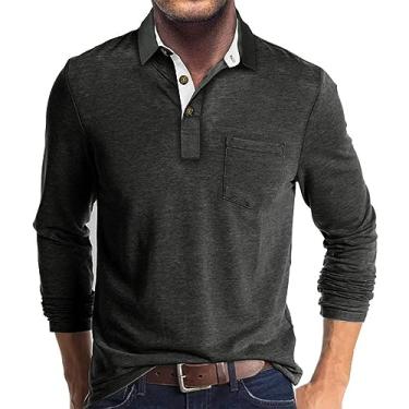 Imagem de Camisas polo casuais masculinas clássicas botão básico manga longa cor sólida camisetas de algodão elegantes tops, Cinza escuro, 3G