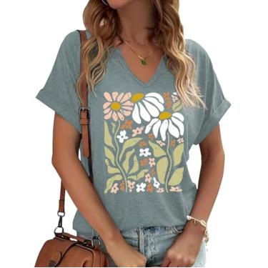 Imagem de Earlymemb Camiseta feminina vintage com estampa de flores e gola V Boho floral flores silvestres casual Cottagecore camiseta manga curta, A - verde - 1, G