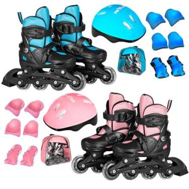 Imagem de JUSTFUN, Patins Roller Ajustável Infantil Adolescente com Kit de Proteção Completo Acessórios Rosa Azul (Azul, 37-40)