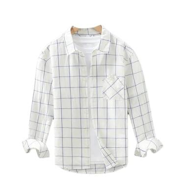 Imagem de Camisa xadrez casual primavera masculina gola virada para baixo algodão linho roupas masculinas de peito único, Branco 2300, GG