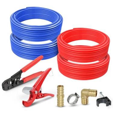 Imagem de Pex Starter Kit - Ferramenta de crimpagem e corte, cotovelo de 1/5.1 cm + 3/10.2 cm e encaixe de acoplamento, braçadeira de 1/5.1 cm + 3/10.2 cm, meia braçadeira de 1/5.1 cm + 91.4 cm x 91.4 m PEX