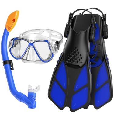 Imagem de Conjunto de máscara infantil com snorkel para meninos e meninas de 3 a 7 anos com máscara de snorkel panorâmica, óculos de mergulho, snorkel seco e nadadeiras ajustáveis para mergulho livre