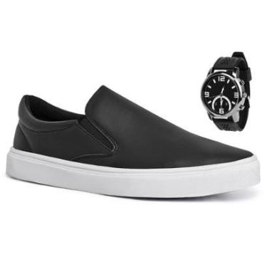 Imagem de Kit Tênis Slip On Casual Iate Sapatênis Sem Cadarço Calce Fácil Confortável Unissex + Relógio-Unissex