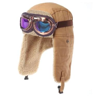 Imagem de Kodervo Chapéu de aviador com óculos adulto infantil vintage chapéu de piloto fantasia de inverno chapéu de bombardeiro de pele abas de orelha chapéu caçador masculino feminino, Chapéu cáqui + óculos