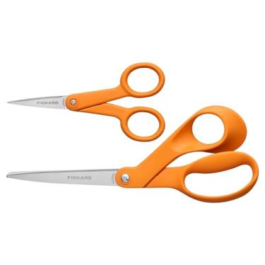 Imagem de Fiskars Conjunto de 2 peças de tesouras de cabo laranja original – Tesoura de microponta de 12,7 cm e tesoura de aço inoxidável de 20 cm – Tesoura de papel e tecido para escritório e artes e artesanato – Laranja