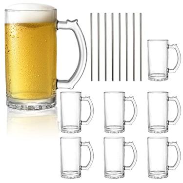 Imagem de Okllen Pacote com 8 canecas de cerveja de vidro de 473 ml com alça, canecas de vidro grandes pesadas com canudos de aço inoxidável, base pesada, copos grossos para freezer, bar, coquetel, álcool,