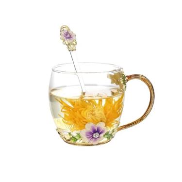 Imagem de SUQ I OME Xícaras de chá de vidro de flores para mulheres, margaridas esmaltadas feitas à mão, presentes de xícara de chá de vidro transparente para mãe, Natal, Dia de Ação de Graças, Dia dos