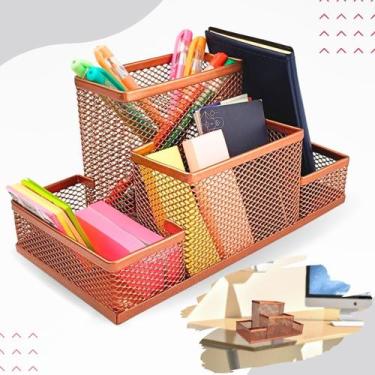 Imagem de Kit organizador de escritorio rose gold, lixeira aramada, porta caneta
