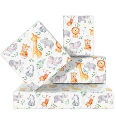 Imagem de Papel de embrulho com estampa de animais, macaco leão, elefante leopardo, estampa de girafa, papel de embrulho para presente de floresta, folha plana dobrada, papel artístico de animais selvagens para