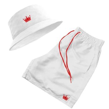 Imagem de Short Praia + Chapeu Bucket Hat Masculino Branco Com Cordao Vermelho -