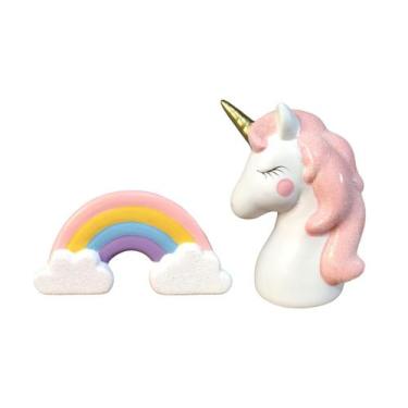 Imagem de Kit 2 Peças Cofre Arco Iris e Unicornio Rosa Gliter Ceramica - Decore 