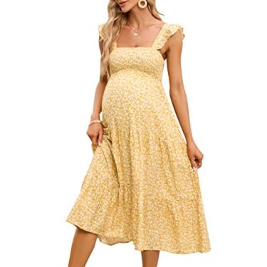 Imagem de KOJOOIN Vestido feminino de verão sem mangas com decote quadrado franzido casual boho midi vestido de chá de bebê sessão de fotos, Floral amarelo, XXG
