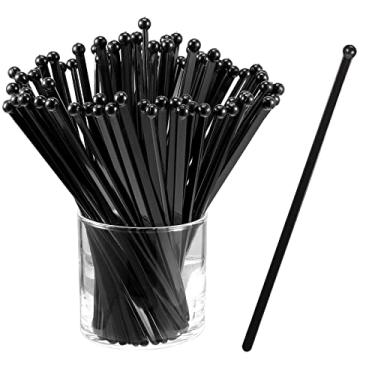 Imagem de Ball Head Stirrer Disposible Plastic Round Top Crystal Swizzle Sticks ，Crystal Cake Pops, Cocktail Coffee Drink Stirrers 100 Pieces (Black)