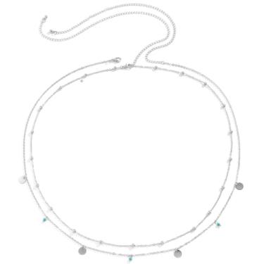 Imagem de PUSCOBSY Corrente para o corpo, corrente de barriga, prata, pérolas, strass, lantejoulas, corrente ajustável em camadas, cinto, biquíni sexy, joia para mulheres, Pérola, strass, lantejoulas, miçangas