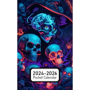 Imagem de Pocket Calendar 2024-2026: Two-Year Monthly Planner for Purse, 36 Months from January 2024 to December 2026 | Neon skull illustration | Halloween background | Mystical elements | Seamless pattern