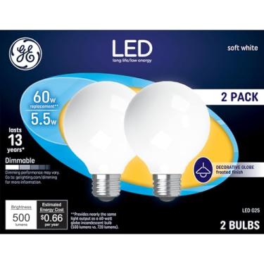 Imagem de GE Lighting Lâmpada de acabamento 25016 regulável LED G25 Globo decorativo 5,5 (substituição de 60 watts), base média de 500 lúmens, pacote com 2, branco fosco, 2 unidades