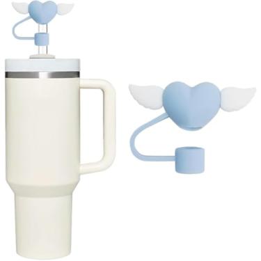 Imagem de Lindo enfeite de palha de silicone Love Wings para Stanley 30 e 1,134 g, tampa de palha à prova de respingos, capa de canudo reutilizável, capas de ponta de canudo de 10 mm para Stanle (coração azul