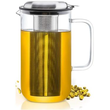 Imagem de Aquach Jarra de vidro com infusor removível para chá solto e florescendo 1,5 g/1500 ml, conjunto de chaleira segura para máquina de lavar louça e fogão, com tampa de aço inoxidável