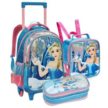 Imagem de Kit Mochila Escolar Rodinha 3 Peças Para Meninas Princesas Lancheira E