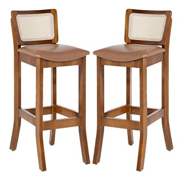 Imagem de Kit 2 Banquetas Alta com Encosto Rattan Portugal Estofada Impermeável Caramelo L85 RMI