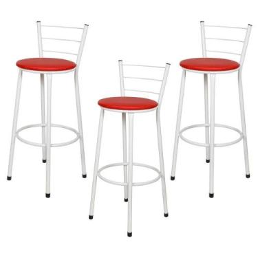 Imagem de Jogo 3 Banqueta Alta Para Cozinha Branca Epoxi Assento Vermelho - Lama