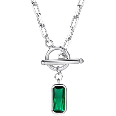 Imagem de Colar com pingente de esmeralda | Corrente de elos dourados com clipe de papel, colar solitário com pingente de zircônia cúbica verde | Conjunto de moldura do leste oeste com pingente 43 + 5 cm,