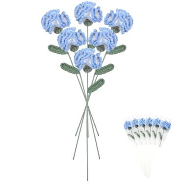 Imagem de ICBOX Flores azuis de crochê, 6 peças, cravos artificiais com haste longa, flores artificiais azuis, buquê de flores de cravo de malha de 43 cm, para aniversários, quarto, vaso de mesa, decoração de