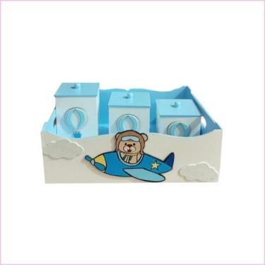 Imagem de Kit Higiene Bebê MDF 4 Peças Cesta Organizadora Ursinho Aviador - Cana