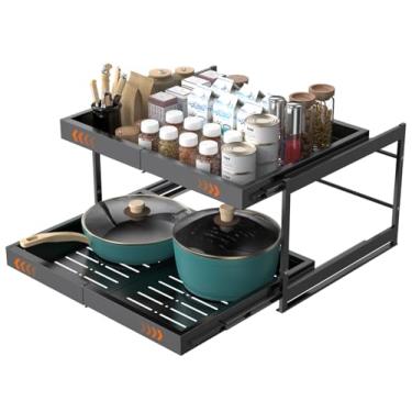 Imagem de Organizador de armário expansível de 2 camadas, organizador de gaveta deslizante de 53 cm de profundidade com nano filme adesivo para panelas, armazenamento de prateleira para armazenamento de cozinha