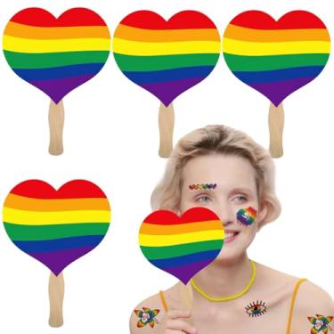 Imagem de AUOCATTAIL 4 peças de fãs de arco-íris ventilador de mão orgulho gay colorido formato de coração LGBT rave leques portáteis para mulheres homens dia do orgulho festival desfile cosplay fantasia