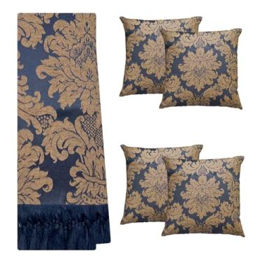 Imagem de Jogo Manta Xale para Sofá Artesanal com Franjas 1,40 x 3,00 com 4 Almofadas Cheias (401 MARINHO E MARROM CLARO)