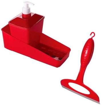 Imagem de Kit Dispenser Detergente Porta Bucha Pia Rodinho Vermelho Para Cozinha