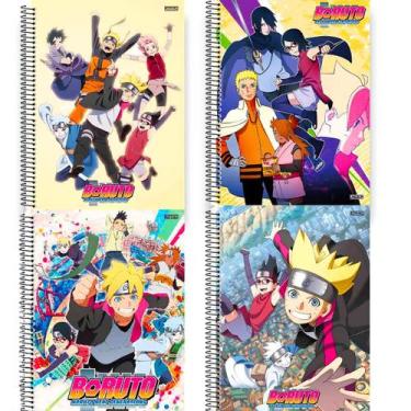 Imagem de Kit 4 Cadernos Boruto Tamanho Grande Adesivo Com Pauta Arame Capa Dura